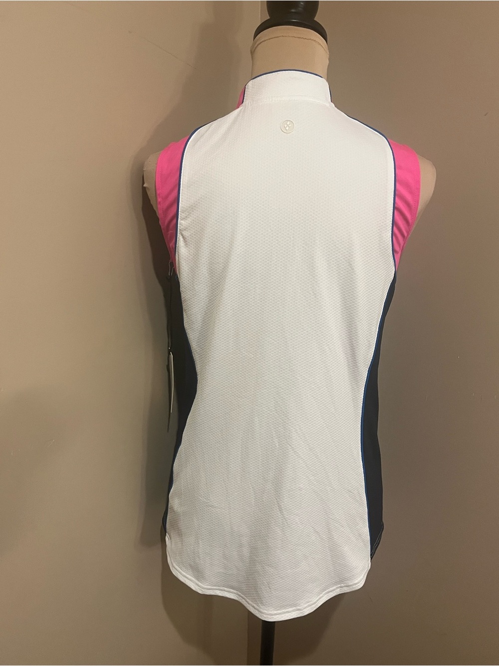 NWT Jofit Performance White Sleeveless Golf Tank Polo with Pink and Navy Trim, S - Picture 2 of 8